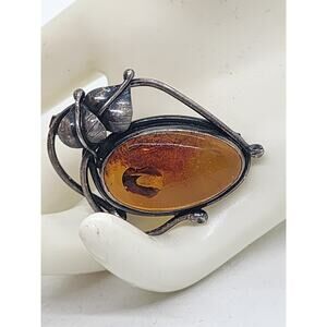Vintage Amber Sterling Silver Leaf Brooch Pin Oval Cabochon Art Nouveau Style